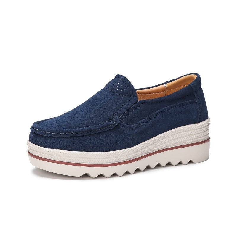 Ruiatoo Women Platform Slip On Loafers Comfort Suede Wedge Shoes Low Top Moccasins,Deep Blue,Size 9 - Image 1